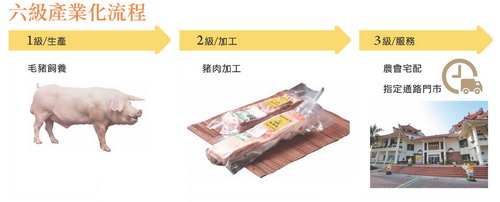 六級產業化流程-1級/生產：毛豬飼養。2級/加工：豬肉加工。3級/服務：農會宅配、指定通路門市。