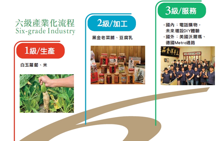六級產業化流程 - 1級/生產：白玉蘿蔔。2級/加工：黑金菜脯、豆腐乳。3級/服務：國內：電話購物、未來增設DIY體驗，國外：美國沃爾瑪、德國Metro通路。