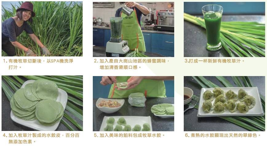 1.有機牧草切斷後，以SPA機乾淨打汁。2.加入產自大岡山地區的蜂蜜調味，增加清香滑順口感。3.打成一杯有積牧草汁。4.加入牧草汁製成的水餃皮。百分百無添加色素。5.加入美味的餡料包成牧草水餃。6.煮熟的水餃顯現出天然的翠綠色。
